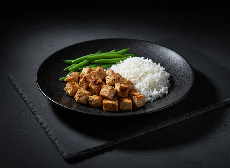 Куриные кубики с рисом и стручковой фасолью