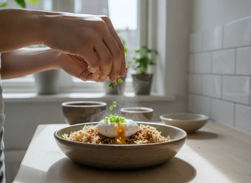 Квашеная капуста с гречкой и яйцом пашот: подача