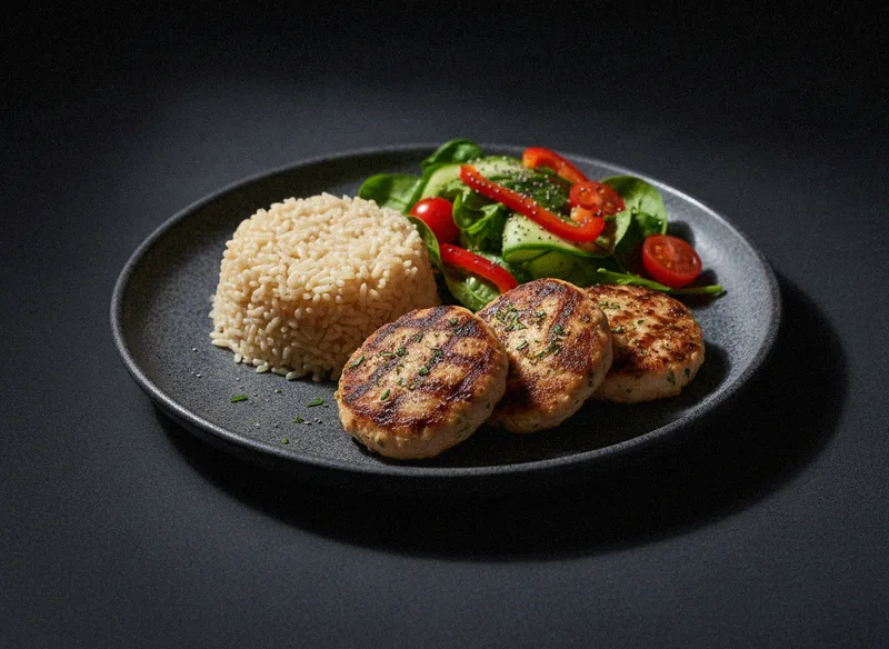 Куриные котлеты с рисом и овощным салатом