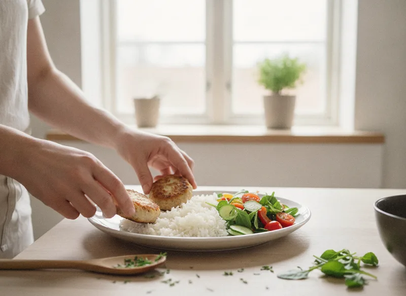 Куриные котлеты с рисом и овощным салатом: подача