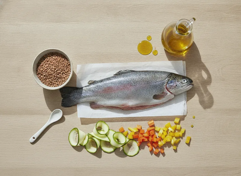 Ингредиенты: Форель с гречкой и овощами гриль