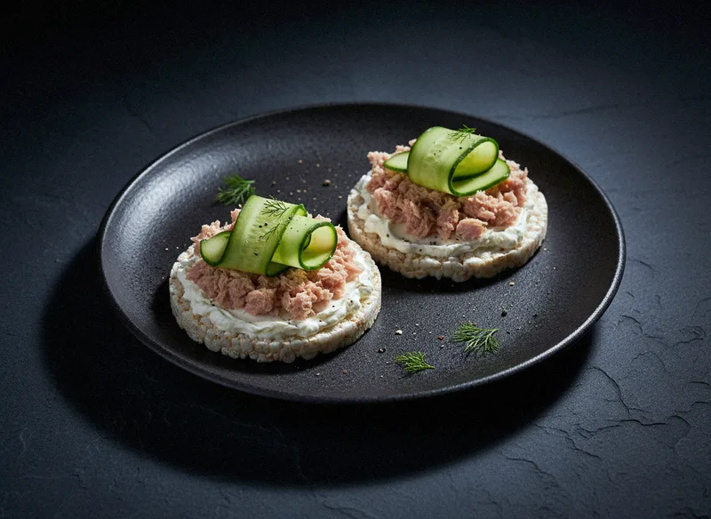 Тунец на рисовых хлебцах с творожным сыром и огурцом